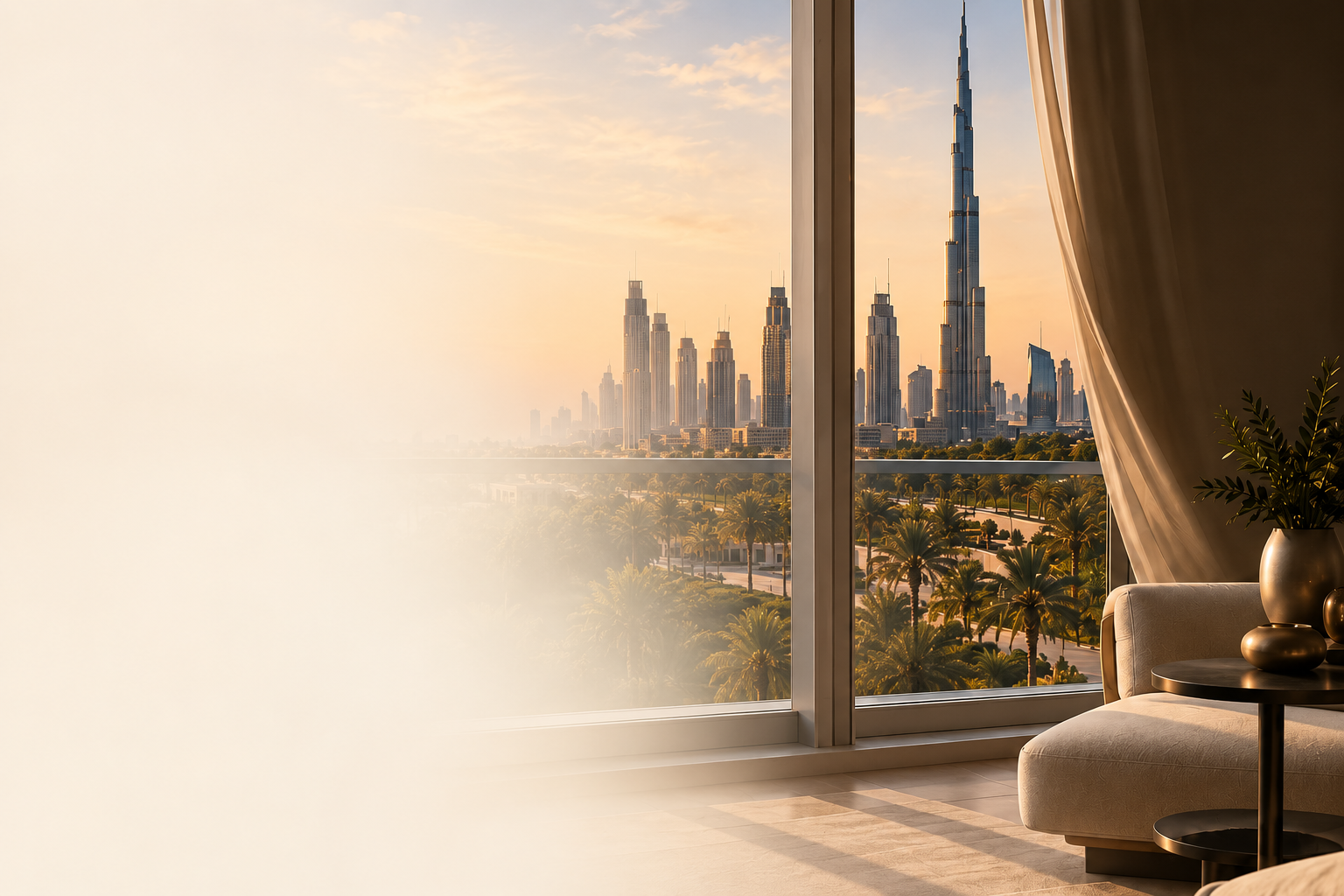 Dubai skyline through a private lounge window at golden hour