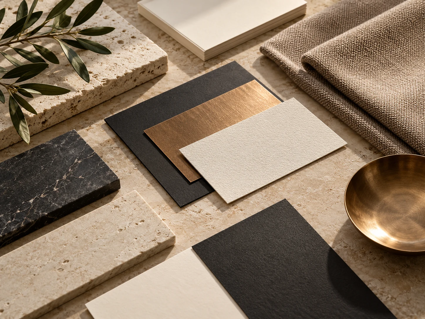 Curated ivory, charcoal and bronze brand materials