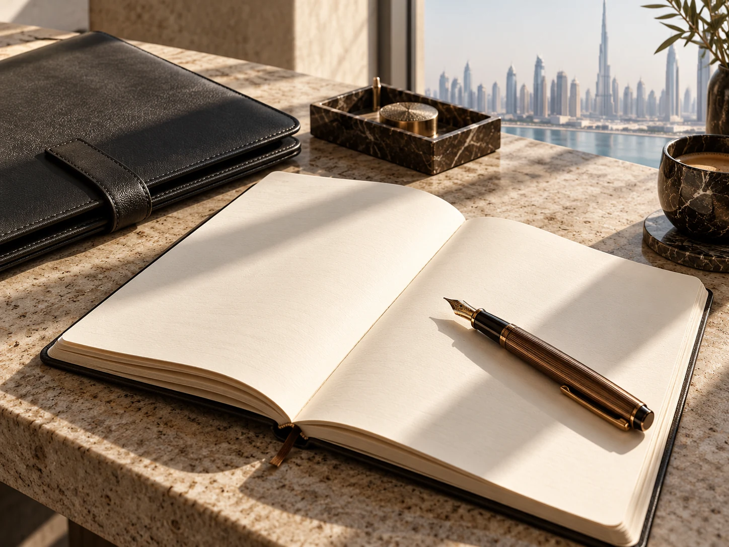 Notebook and bronze pen on a travertine desk